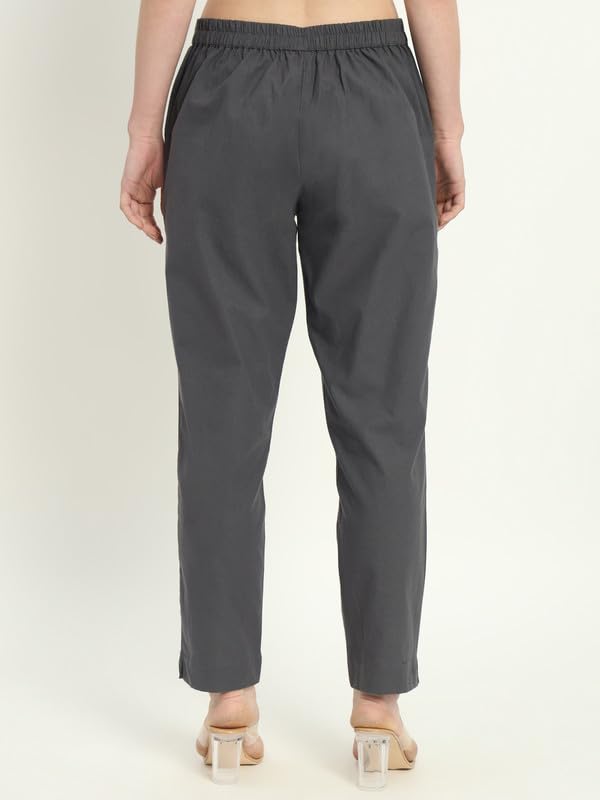 Image of Women's Solid Straight Fit 100% Cotton Trousers | High Waist, Side Pockets, Ankle Length Pants for Office, Casual