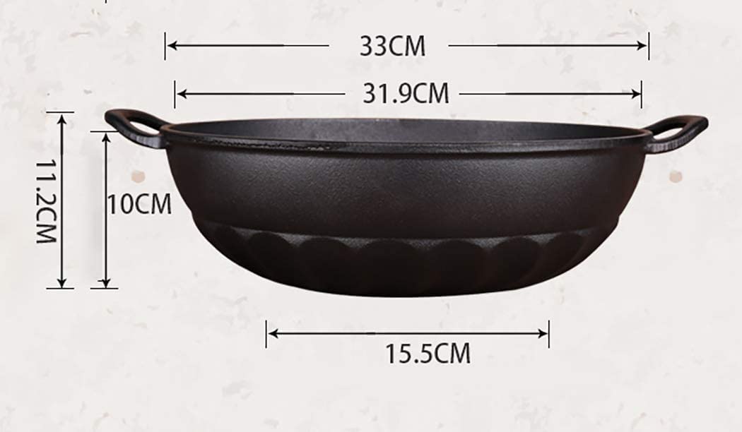 Wok in ghisa nera da 32 cm, con coperchio in legno, pentola calda Wok con fondo piatto Pentola a induzione a gas universale (dimensioni: 32 cm di lunghezza x 9,9 cm di altezza)