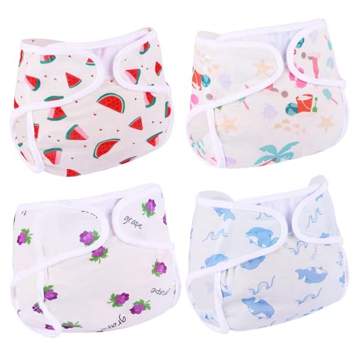 BABESIDE 4 Pcs Reborn Baby Doll Diapers Reusable for 17-22 Inch Dolls, Animal & Fruit Patterns Baby Doll Diapers Washable for Realistic Babydoll Underwear