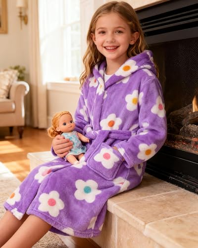 Image of Girls Fleece Hooded Robes, Warm Printed Bath Robe for Kids Soft Fuzzy Bathrobe for Gifts