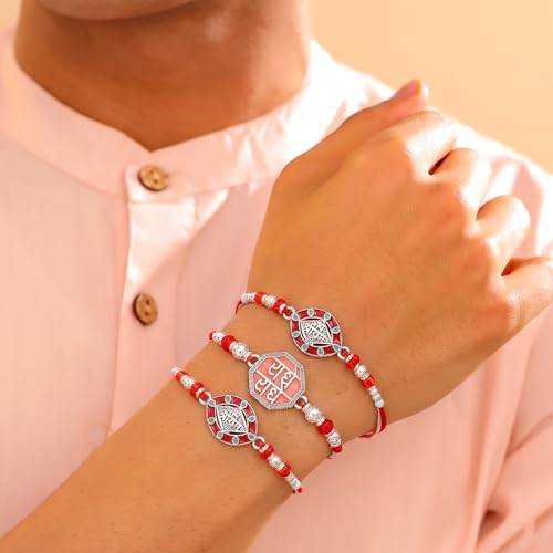 Image of Peora Rakhshabandhan Thread Rakhi for Brother Bhaiya | Crystals & Kundan Studded | Combo, Set of 3 | Rakhi Hamper with Roli Chawal & Greeting Card