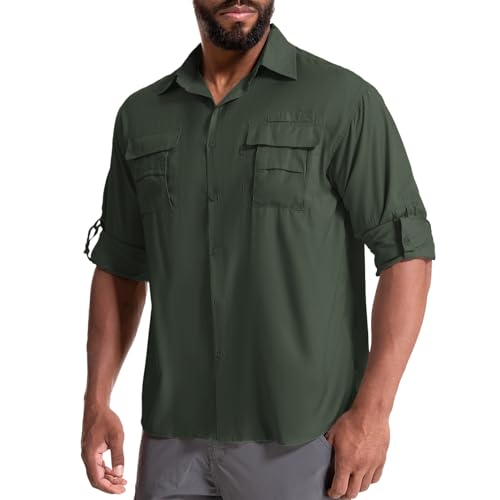 yeyity Herren Safari Hemd UPF50 UV Schutz Langarm Outdoor Hemd Casual Freizeithemden Schnelltrocknendes Funktionshemd für Wandern Angeln Reisen Trekking(5052,Amy Green,XL)