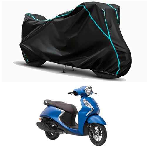 Image of Waterproof Bike Body Cover Compatible for | Yamaha Fascino 125 BS6 | Taffeta Fabric, Sky Piping Design, Bottom Elastic Fit | Dustproof, Sun UV & Rain Protection for All Weather.