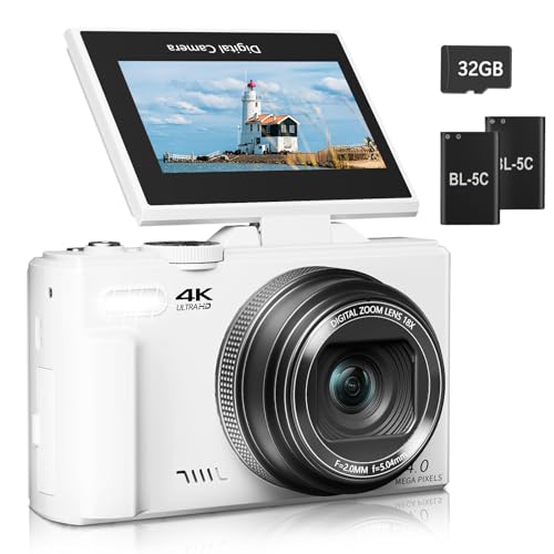 Image of Digital Camera for Photography, 4K Vlogging Camera for YouTube 3 inch 180 Flip Screen 18X Digital Zoom Compact Cameras with 32GB TF Card & 2 Batteries, White