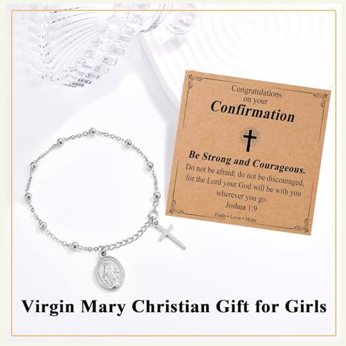 Image of Catholic Gifts for Girl Virgin Mary Christian Cross Bracelet First Communion Baptism Confirmation Gifts For Teen Girls Link Jewelry