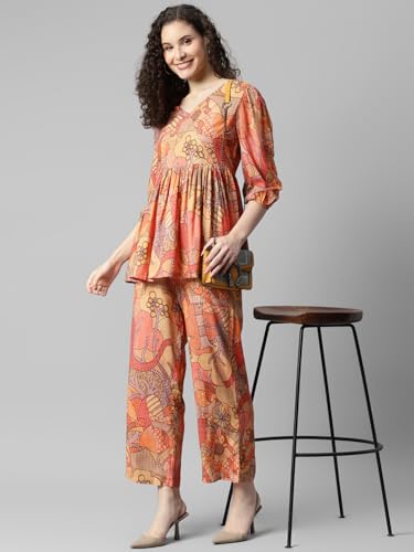 Image of DEEBACO Women's Abstract Print Rayon Top & Pants Co Ord Set for Women V Neck 3 /4 Puff Sleeve Ladies Party Casual Wear Fashionable for Girls Loose Fit Cord Set (Multicolor)