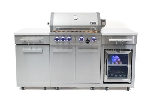 Mont Alpi MA-957FCRS Propane Natural Gas 5-Burner Compact Outdoor Kitchen Gas Barbecue Grill Island in Stainless Steel with Infrared Rear Burner + Fridge Cabinet + Rotisserie Kit & Full Weather Cover