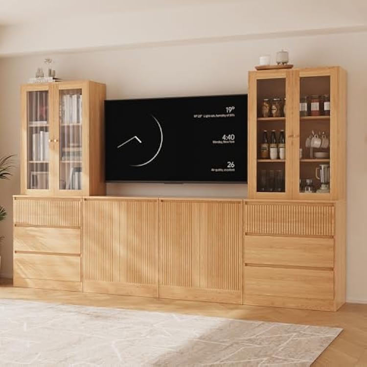 TUSY 4-Piece Large TV Stand with Bookshelves for TVs up to 75, TV Hutch with Tempered Glass Doors and Shelves, TV Entertainment Center Media Center with 2 Tall Cabinets for Living Room (D+2G+D)