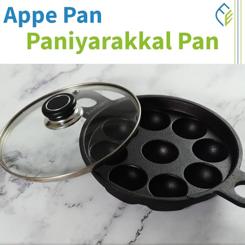 Image of EARTHFIT Cast Iron Appe Pan with Lid and Spatula, Paniyaram Pan, 9 Pit Twin Handle, Durable Paddu Maker Cookware for Traditional South Indian Dishes