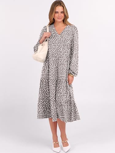 Image of ANRABESS Women's Long Lantern Sleeve Floral Midi Dresses 2026 Fall V Neck Casual Flowy A-line Tiered Boho Vacation Dress