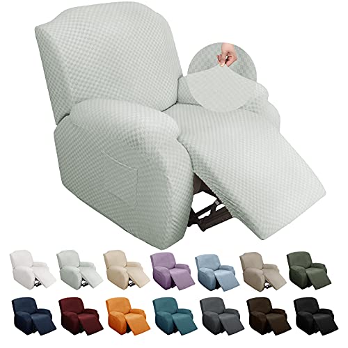 Image of YEMYHOM 4 Pieces Stretch Recliner Slipcover Jacquard Recliner Chair Cover with Side Pocket Anti-Slip Fitted Recliner Cover Couch Furniture Protector with Elastic Bottom (Recliner, Ivory)