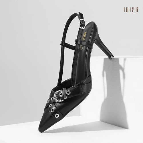 Image of IDIFU IN3 Slingback Kitten Heels for Women Stiletto Heel Closed Pointed Toe Pumps Buckle Straps Dress Shoes Sexy Prom Party Work Trendy Fashion Comfortable Pumps Dressy Shoes