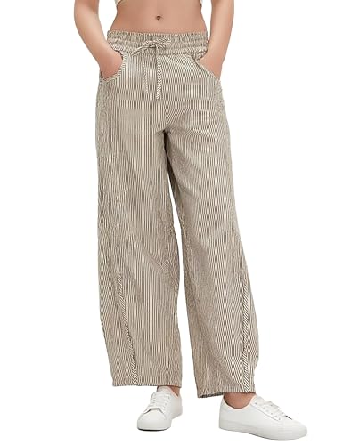 Ziqoty Women's Striped Barrel Pants Drawstring Waist Wide Leg Trousers with Pockets Casual Comfort for Office Lounge Travel(Ivory-M)
