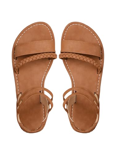 RoseSeek Women's Roman Braided Leather Sandal Peep Toe Flat Sandals Boho Summer Shoes Brown 8