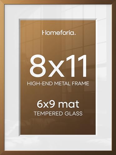 Image of Homeforia 8x11 Bronze Picture Frame, High-End Metal, 6x9 Mat, Glass | High End Aluminum, Tempered Glass, Acid-Free 6x9 Removable Mat, 8x11 in Edge-to-Edge Display 11x8, Wall Kit, Set Of 1