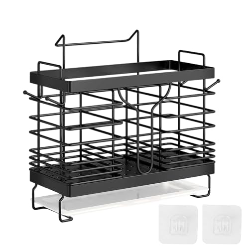 Portaposate e Organizzatore Utensili da Cucina Nero - Scolaposate con Funzione Scolante per Piano Cottura o da Appendere a Parete, Portautensili per Forchette, Coltelli, Cucchiai e Accessori da Cucina