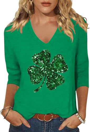 Image of Woffccrd Womens 3 /4 Sleeve V Neck T-Shirts Valentina's Day Spring Shirts Love Heart Printed Graphic Tees
