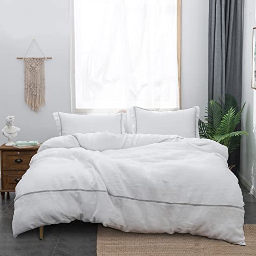 寝具カバーセット 麻 リネン100% クイーン 4点セット ホワイト ベッド用布団カバーセット 横縞 オールシーズン 紐留め式 抗菌防臭 吸湿通気 触り心地が良い 穏やかでエレガントな北欧風 Simple Opulence