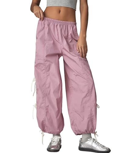 Baggy Cargo Pants Women Palazzo y2k Clothes High Waisted Sweatpants with Pockets (Pink-M)