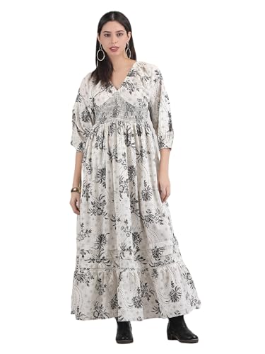 Image of Arayna Women's Casual Long Maxi Dress for Summer Wear, Urban Bohemian Floral Printed V Neck Smocked Outfit