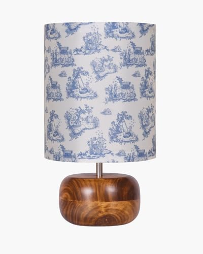 Image of Homesake Handcrafted Wooden Base Table Lamp with Warm Shade, Aara, Bedside Night Light for Bedroom, Living Room, Study Table, Home Decor, Ambient Lighting, (KD Toile de Jouy)