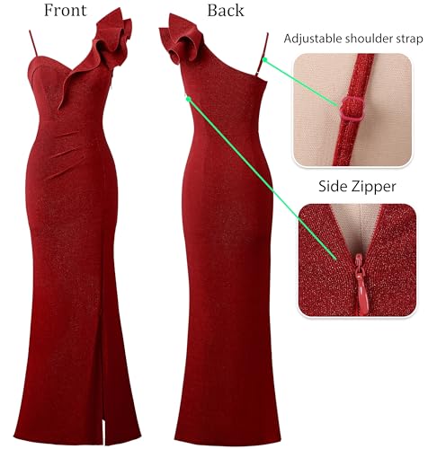 Image of VFSHOW Womens Ruffle One Shoulder Strap Ruched Formal Prom Wedding Maxi Dress V Neck Elegant Split Cocktail Evening Long Gown