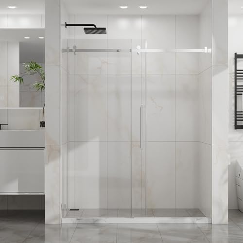 56-60\" W x 72\" H Frameless Sliding Shower Door, 1/4\" (6mm) Thick SGCC Tempered Clear Glass with Easy-Clean Coating - 304 Stainless Steel Parts, Silent Smooth Sliding, Waterproof, Chrome