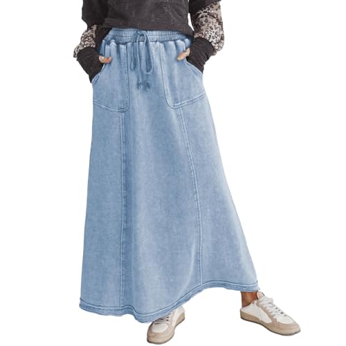 Comdify Women Acid Wash Maxi Skirt Elastic Drawstring A Line Skirt Cotton Flowy High Waist Dress Boho Outfits with Pockets(Blue,XS)