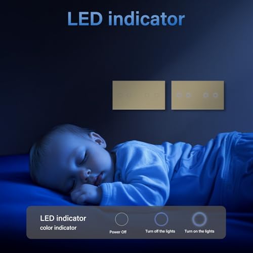 BSEED Touch Lichtschalter 2 Fach 2 Wege mit 2 Fach 2 Wege Glas Lichtschalter Gold Led Touch Schalter Touchscreen Funktioniert mit LED Lampe 157mm EU Standard