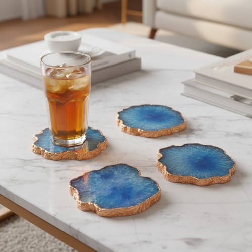 Image of Natural Agate Stone Tea Coasters Set | Premium Stone Coasters for Tea, Coffee & Glass | Heat Resistant Coasters for Dining Table, Office Desk & Home Decor | Pack of 4 | Color -Blue
