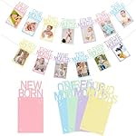 Buryeah Pastel 1st Birthday Photo Banner for Baby from Newborn to 12 Months Macaron One Year Photo Banner with Frame First Birthday Party Decorations for Girl Monthly Milestones Garland