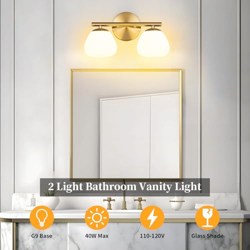 Image of Modern 2 Light Bathroom Vanity Light Gold Vanity Light Bathroom Light Fixtures Over Mirror with Milk Glass Shade Bathroom Vanity Lighting Fixtures
