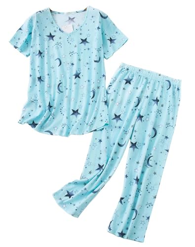 Image of CHUNG Women Cotton Blend Pyjamas Set Short Sleeve Top Capri Pants Plus Size S-3XL Sleepwear Nighties Green Star,XL