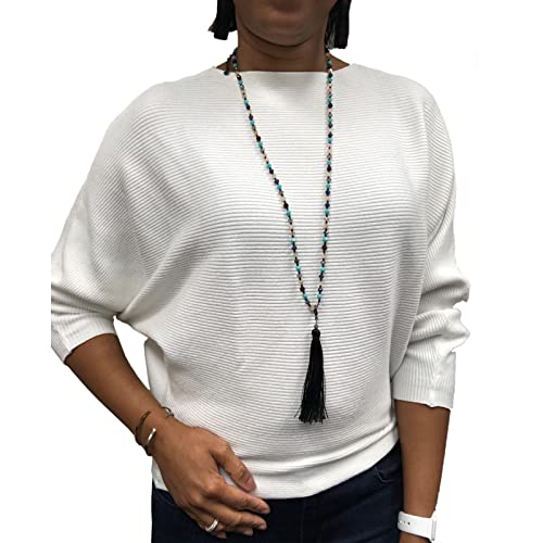 Image of Blostirno Women's Boat Neck Batwing Sleeves Dolman Ribbed Knitted Sweaters Pullovers Tops