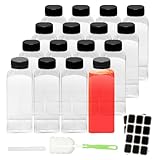 BiBOTLSFLY Lot de 16 bouteilles de jus de 350 ml en plastique avec couvercles noirs, récip...