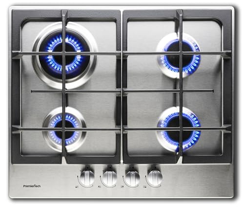 PremierTech Piano cottura a gas da incasso con 4 fuochi, 56x48 cm, acciaio inox, griglie in ghisa, doppia corona, predisposto per metano e GPL, PC4G60