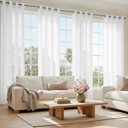 EMEMA 2er Set Sheer Voile Vorhang mit Ösen Transparente Gardine aus Voile Polyester Ösenschal Transparent Wohnzimmer Luftig Dekoschal für Schlafzimmer 140 X 245 cm (B x H) Weiß