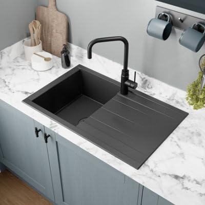 GoodHome Keluak - Évier de cuisine en résine noir mat 1 bac encastrable avec égouttoir