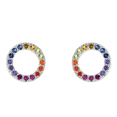 DEW Rainbow Circle Stud Earrings – Sterling Silver, Pavé Multi Colour Cubic Zirconia, Simple and Classic Geometric Design