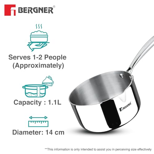 Image of Bergner Argent 14cm Triply Milkpan /Saucepan /Small Teapan, Stay Cool Cast Handle, Food Safe, Durable, Healthy Cooking, Faster and Even Heat Distribution - Induction and Gas Stove Ready
