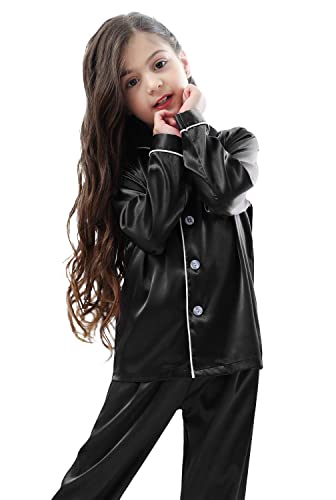 Image of Pajamas Kid Unisex Pjs Set Girls Boys Silk Pajamas Set Satin Long Sleeve 2 Piece Clasic Sleepwear for 2-12 Years Todder