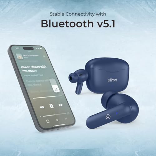 Image of pTron Basspods P81 in-Ear Wireless Earbuds, Pristine Sound, 32Hrs Playtime, Clear Calls TWS Earbuds, Bluetooth V5.1 Headphone, Type-C Fast Charging, Voice Assist & IPX4 Water Resistant (Blue)
