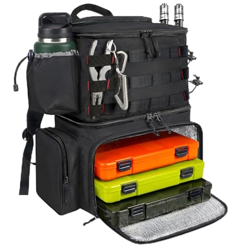 MATEIN Mochila de pesca, caixa de equipamento de pesca resistente à água com suportes de vara e refrigerador, presentes de equipamentos para homens