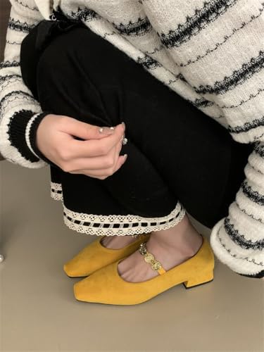 Mary Jane Ballet Flats for Women Square Toe Low Block Heel Metallic Strap Suede Vintage Shoes Comfortable Retro for Office Work Casual4