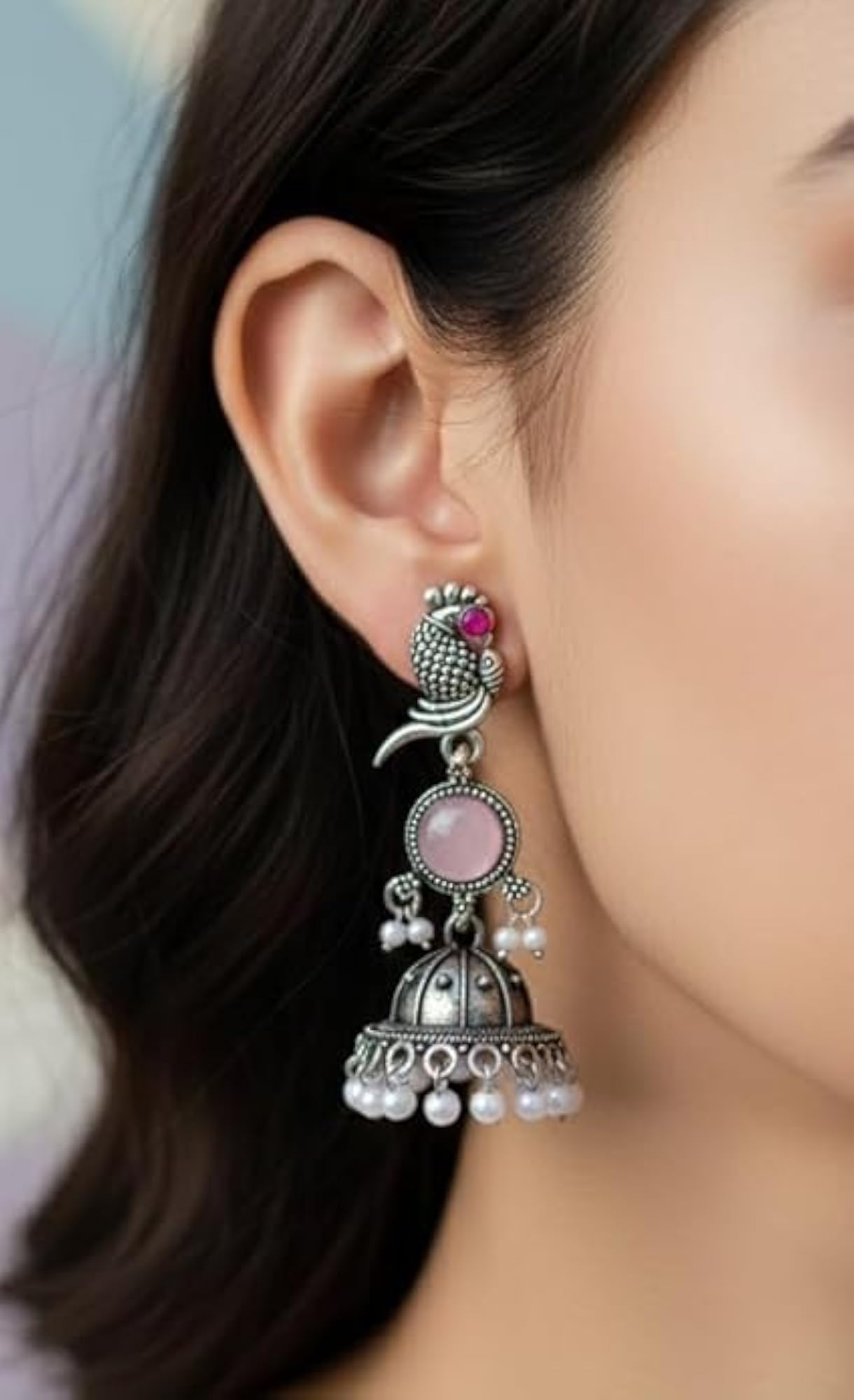Set of 4 Silver Tone Jhumka Earrings with Pink Stone Drops