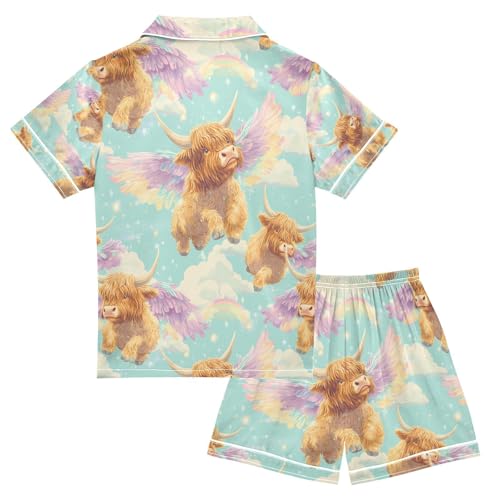 senya Highland Cattle with Wings Satin Summer Pajama Sets Silk Short Sleeve Button Down Sleepwear2