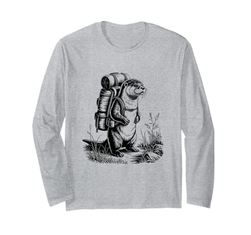 Hiking River Otter Backpacking Animals Funny Men Women Long Sleeve T-Shirt