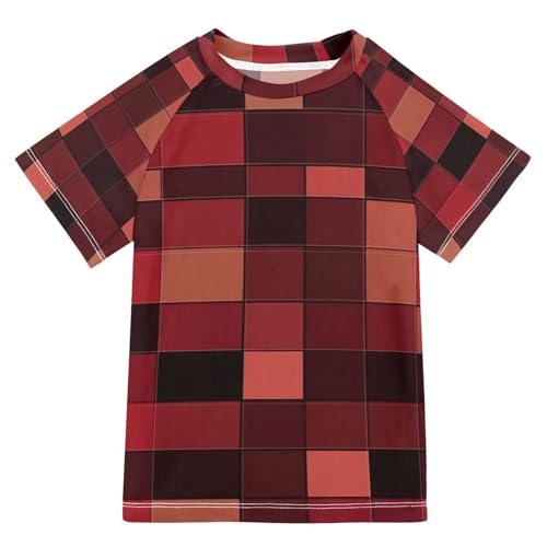 KLL Little Girls Bathing Suitt Short Sleeve Childrens Bathing Suits 11T Squares Burgundy Red