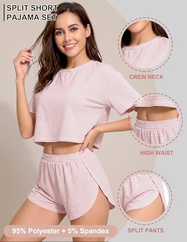 Image of Split Short Pajama Set 2 Piece Soft Women's Striped Pajamas Summer Sleeve Tee & Elastic Waist Shorts Sleepwear