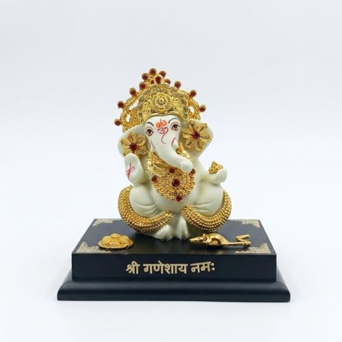 Image of Ganesha Idol for Home Decor | 4.25 Inch Golden Ganpati Murti with Stone Work | Resin Ganesh Ji Idol for Car Dashboard, Office Desk & Pooja Room | Vastu Decorative Statue (176g)